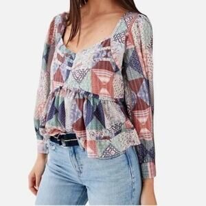 American Eagle Boho Patchwork Prairie Babydoll Cropped Blouse Top Size Small